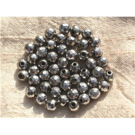 Wire approx 39cm 63pc - Stone Beads - Rhodium plated silver hematite Faceted Balls 6mm 