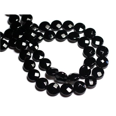 Fil 39cm 32pc env - Perles de Pierre - Onyx noir Palets Facettés 12mm 