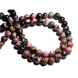 Thread 39cm 38pc approx - Stone Beads - Pink and black rhodonite 10mm balls 