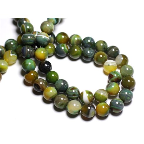 Fil 39cm 37pc env - Perles de Pierre - Agate verte et jaune Boules 10mm 