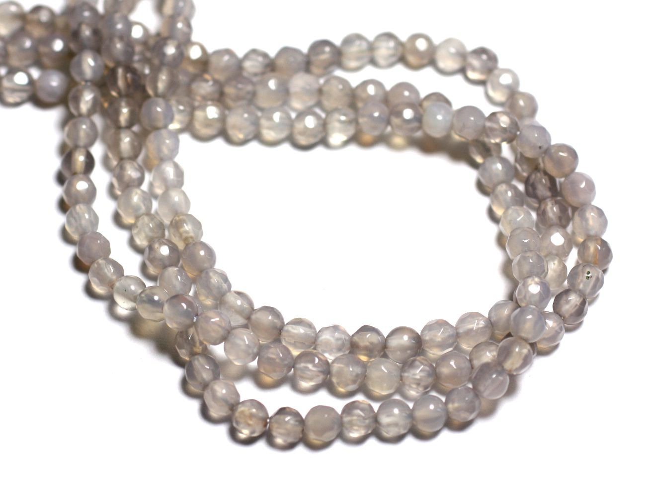 Fil 39cm 92pc env - Perles de Pierre - Agate Boules facettées 4mm Gris clair 