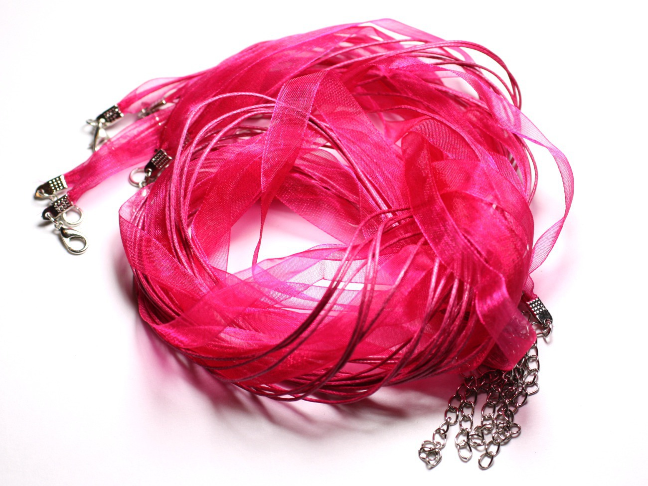 100pc - Colliers Tours de Cou 47cm Coton et Tissu Organza 10mm Rose Fuchsia 