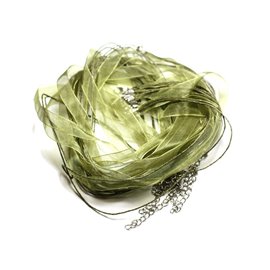 100pc - Colliers Tours de Cou 47cm Coton et Tissu Organza 10mm Vert Kaki 