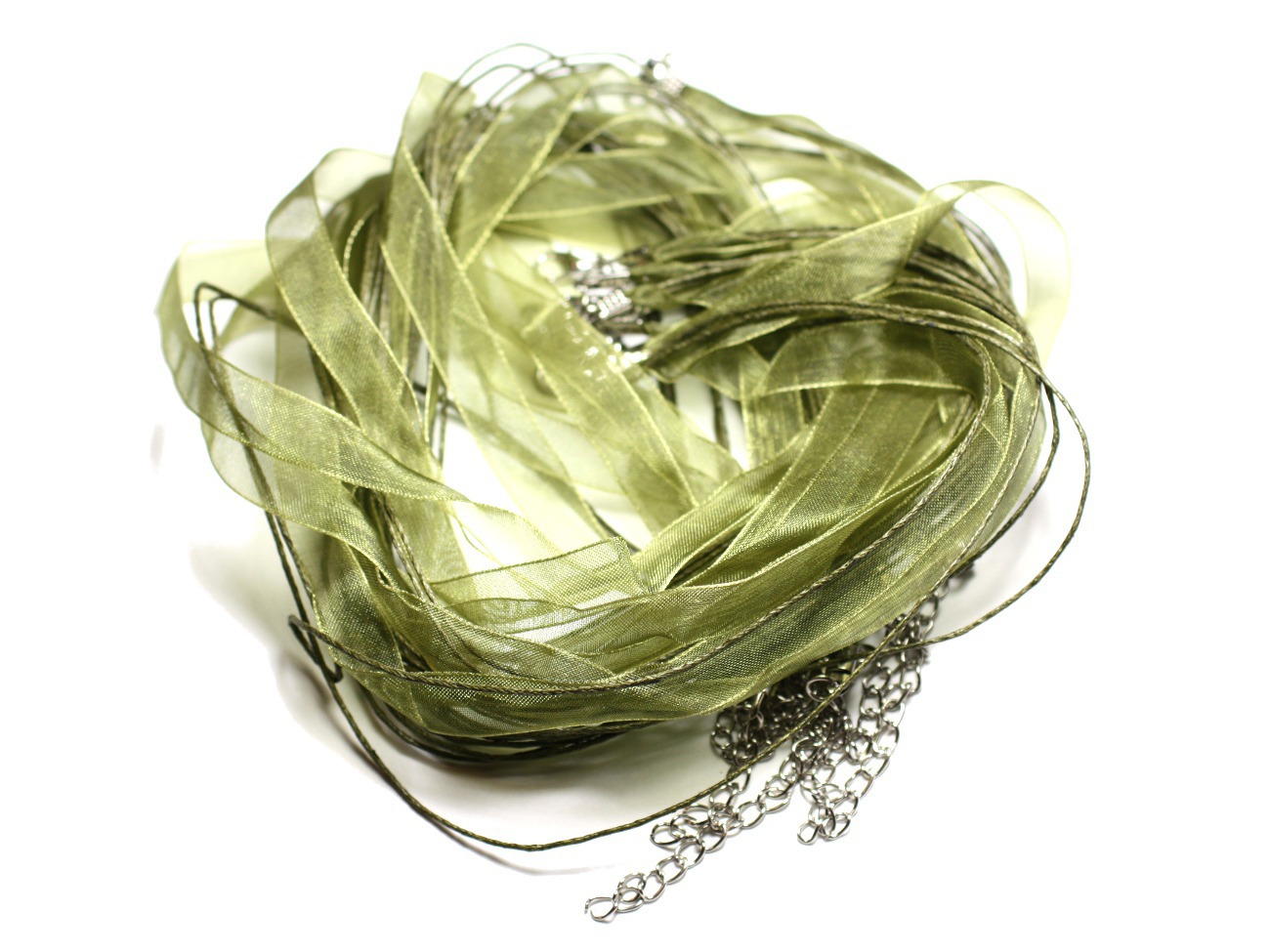100pc - Colliers Tours de Cou 47cm Coton et Tissu Organza 10mm Vert Kaki 