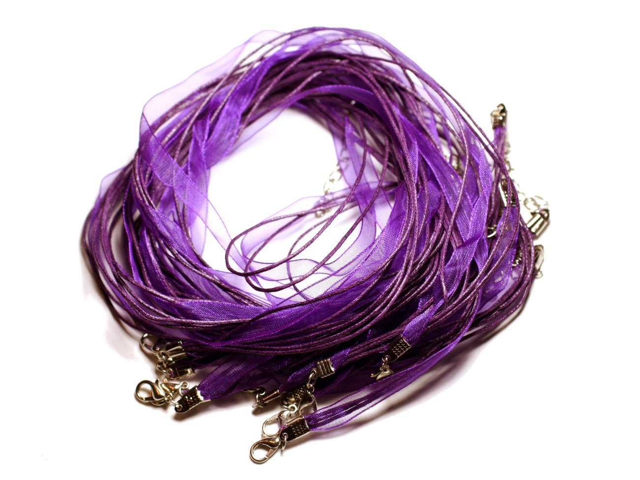 100pc - Colliers Tours de Cou 47cm Coton et Tissu Organza 7mm Violet 