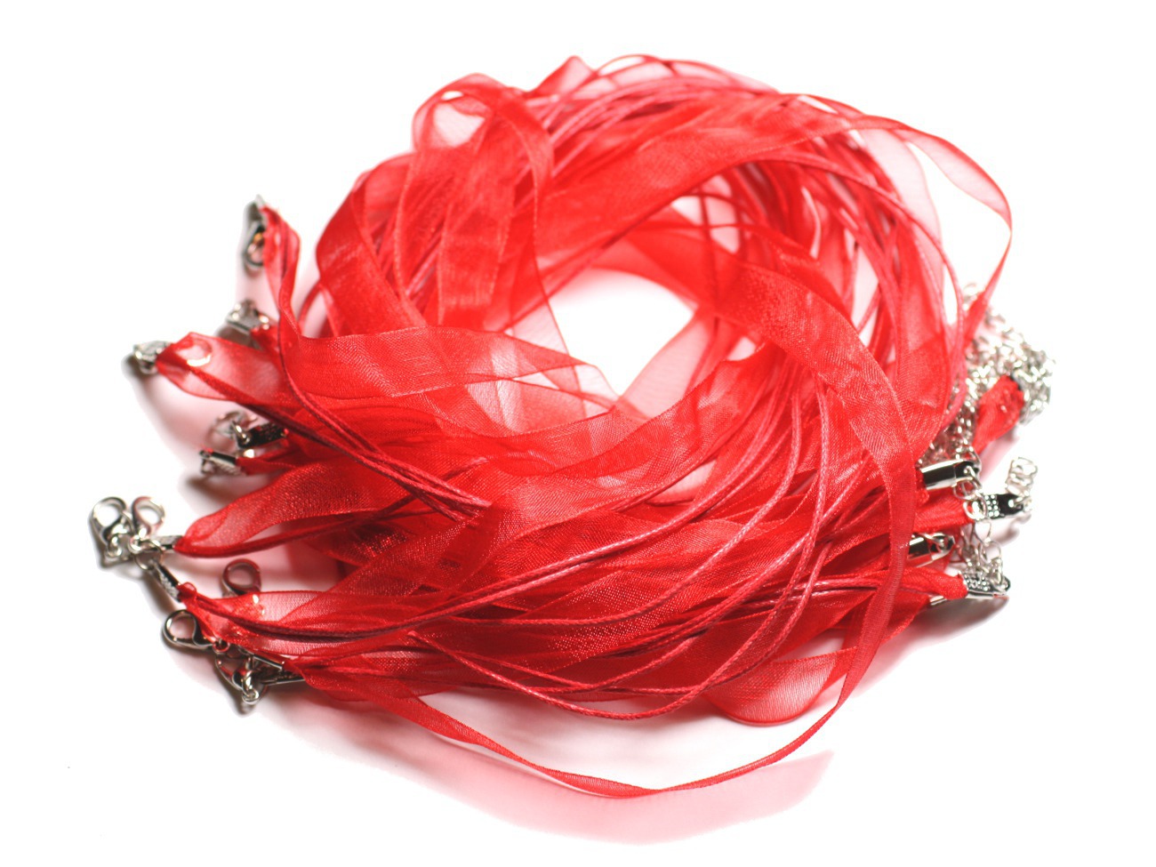 100pc - Colliers Tours de Cou 47cm Coton et Tissu Organza 10mm Rouge 