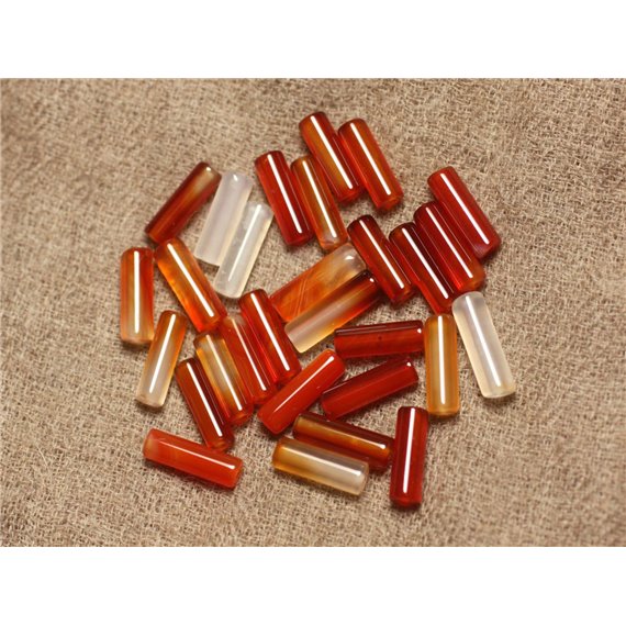 Fil 39cm 28pc environ - Perles Pierre - Cornaline Colonne Cylindre Tube 13x4mm orange rouge blanc