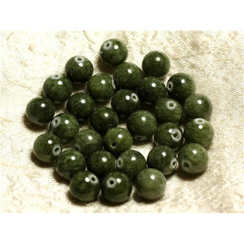 Fil 39cm 39pc env - Perles de Pierre - Jade Boules 10mm Vert Kaki 