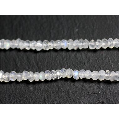 Fil 34cm 155pc env - Perles Pierre de Lune Arc en Ciel Rondelles Facettées 3-4mm blanc bleu reflets