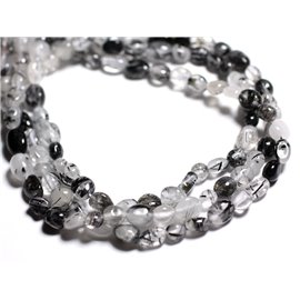 Fil 39cm 62pc environ - Perles Pierre Quartz Tourmaline Olive Ovales Nuggets 4-9mm blanc gris noir