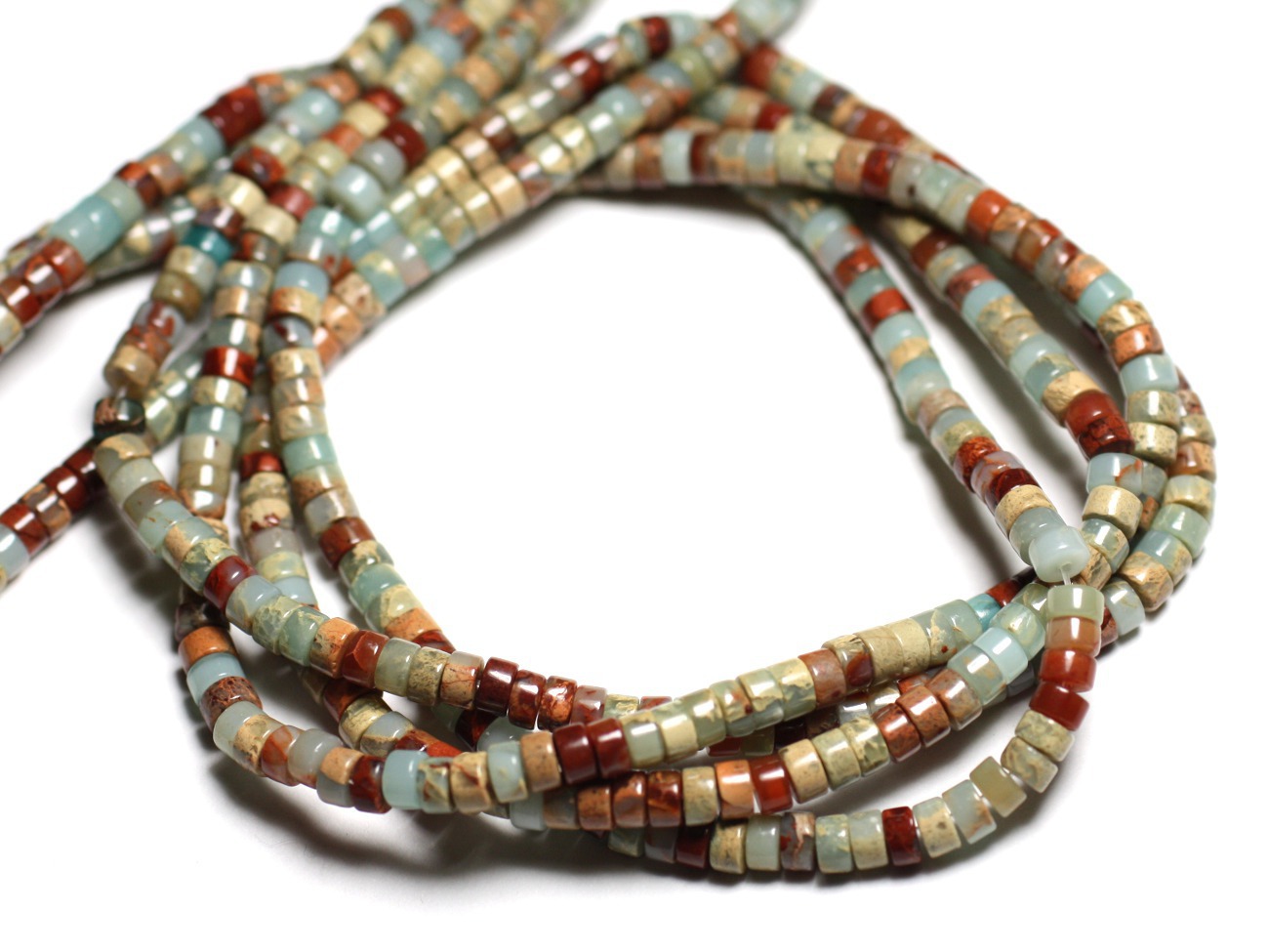 Fil 39cm 200pc env - Perles Pierre - Jaspe Aqua Terra Rondelles Heishi 4x2mm Bleu Turquoise Beige