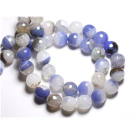 1 Strand 39cm Stone Beads - Agate Quartz Faceted Balls 14mm White Sky Blue 