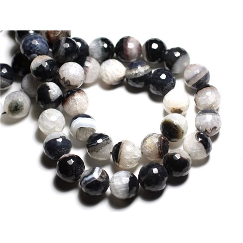 1 Fil 39cm Perles de Pierre - Agate Quartz Boules Facettées 14mm Blanc et Noir 