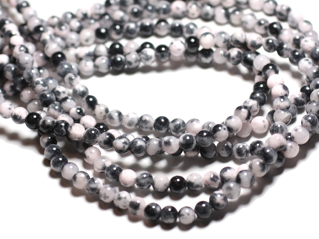 Fil 39cm 65pc env - Perles de Pierre - Jade Boules 6mm Blanc Gris Noir Rose 