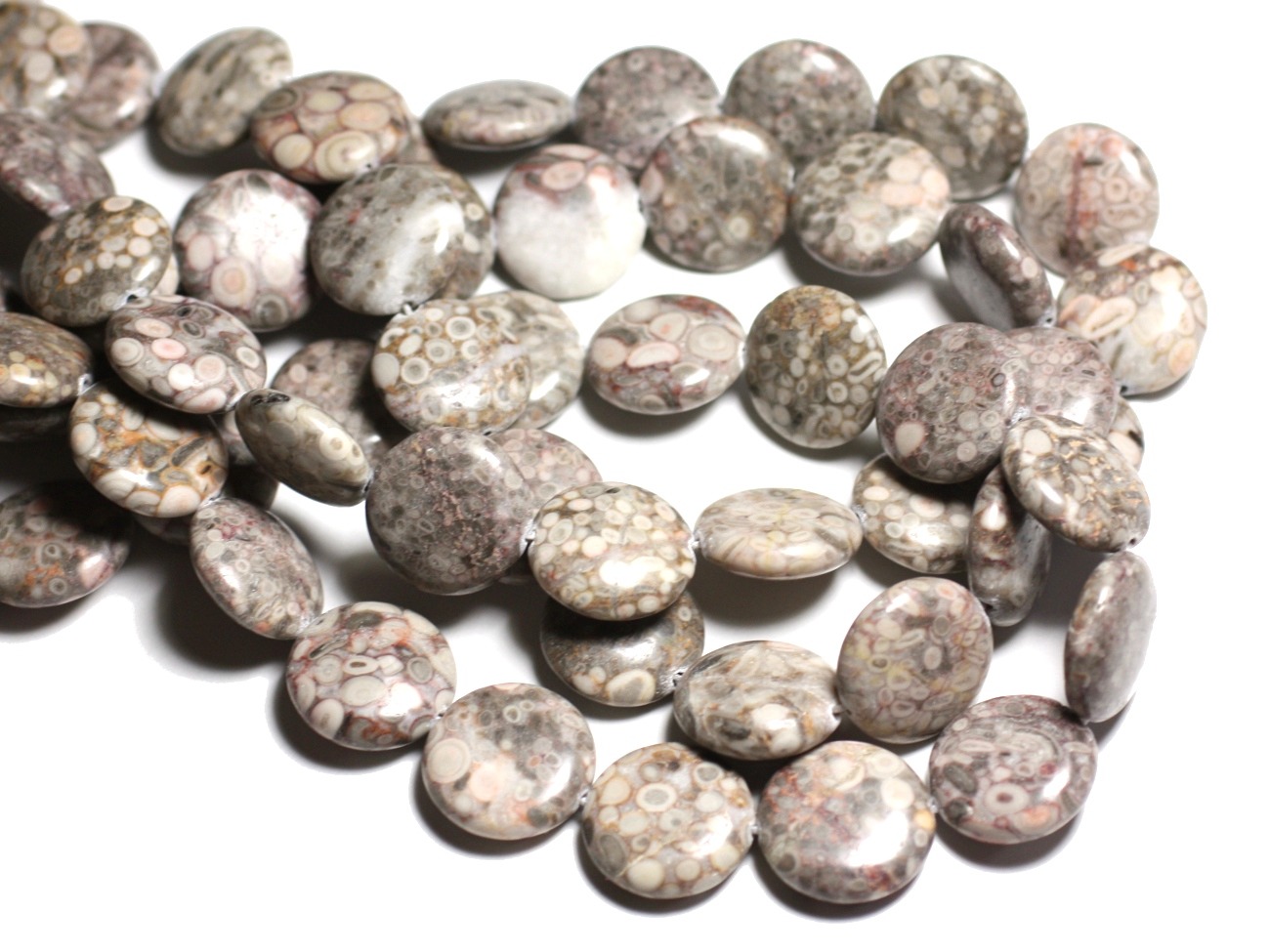 Fil 39cm 22pc env - Perles de Pierre - Jaspe Océan Fossile Palets 18mm