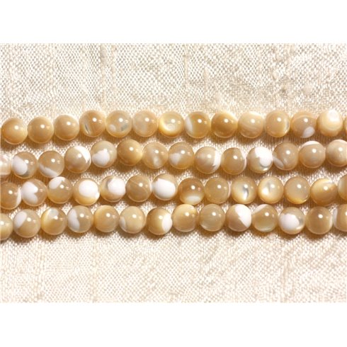 Fil 39cm 70pc env - Perles de Nacre naturelle beige irisée Boules 6mm