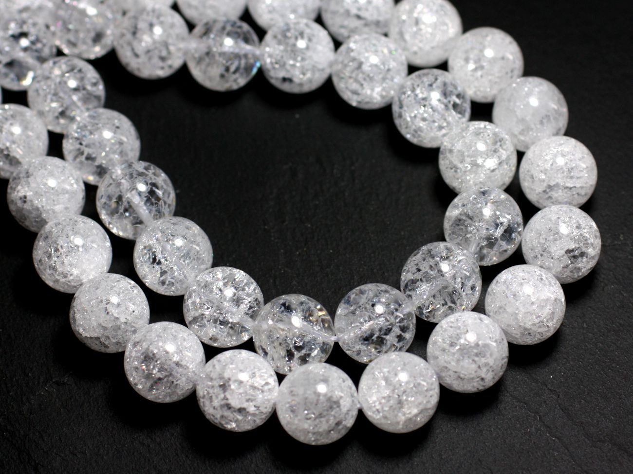 Fil 39cm 26pc env - Perles de Pierre - Cristal de Roche Quartz Craquelé Boules 14mm 