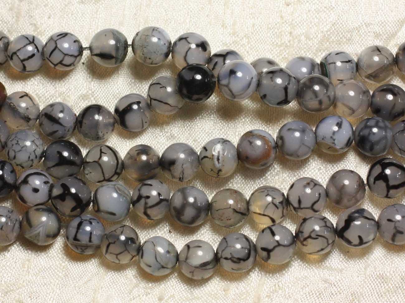 Fil 39cm 36pc env - Perles de Pierre - Agate Veine de Dragon Gris Noir  Boules 10mm 