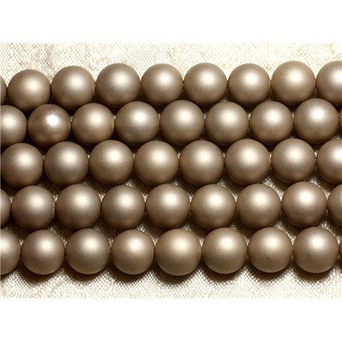 Fil 39cm 37pc env - Perles Nacre Boules 10mm Beige or doré mat givré sablé