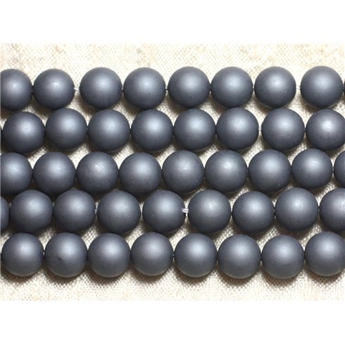 Fil 39cm 37pc env - Perles Nacre Boules 10mm gris anthracite mat givré sablé