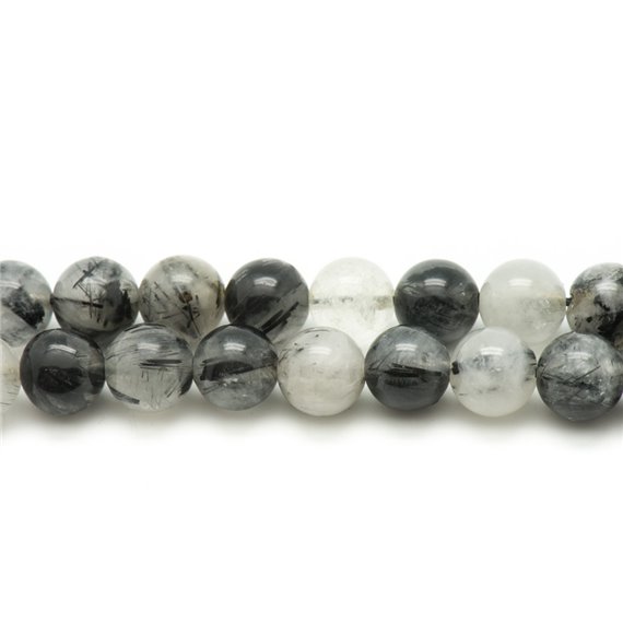 Fil 39cm 46pc env - Perles de Pierre - Quartz Tourmaline Noire Boules 8mm 