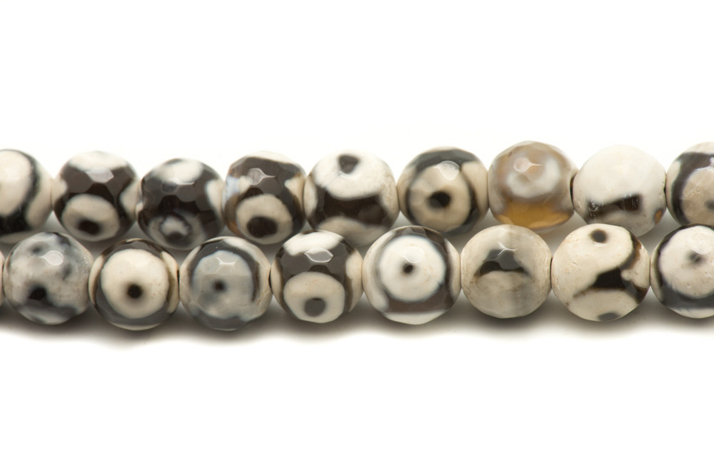 Fil 39cm 46pc env - Perles de Pierre - Agate Oeil Blanche et Noire Boules Facettées 8mm 