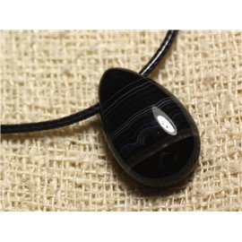 Stone Pendant Necklace - Black Agate Drop 25mm