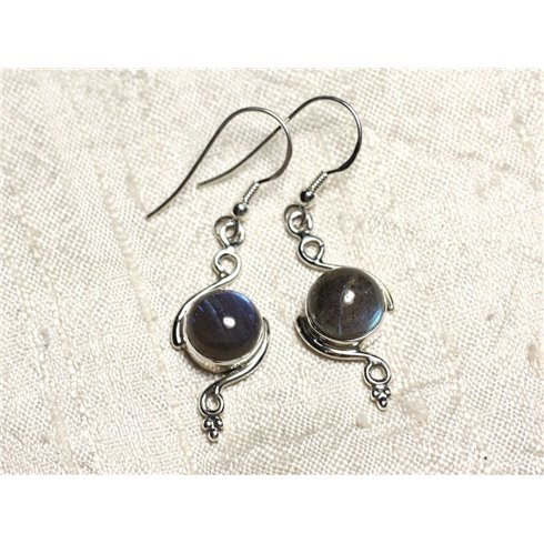 BO213 - Boucles d'Oreilles Argent 925 et Pierre Labradorite Ronds Spirales 30mm 