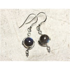 BO213 - 925 Silver Earrings and Labradorite Stone Round Spirals 30mm 