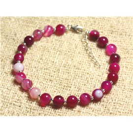 Bracelet 925 Silver and Stone - Fuchsia Pink Agate 6mm