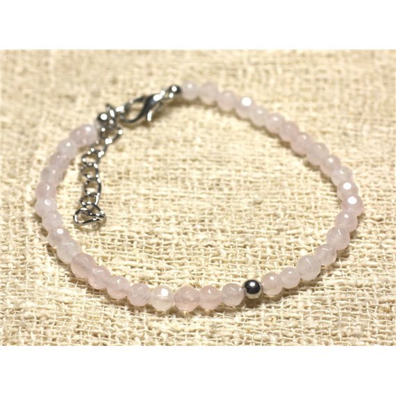 Bracelet Argent 925 et Pierre semi précieuse Quartz Rose Facetté 4mm