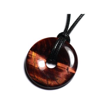 Collier Pendentif Pierre - Oeil Tigre Rouge Taureau Rond Cercle Donut Pi 30mm Rouge Bordeaux