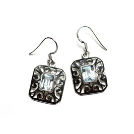 BO238 - 925 Sterling Silver and Stone Earrings - 18mm Arabesque Filigree Rectangles Blue Topaz 