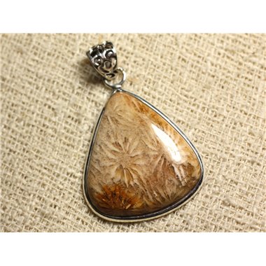 N4 - Pendentif Argent 925 et Pierre - Corail Fossile Goutte 36x32mm 