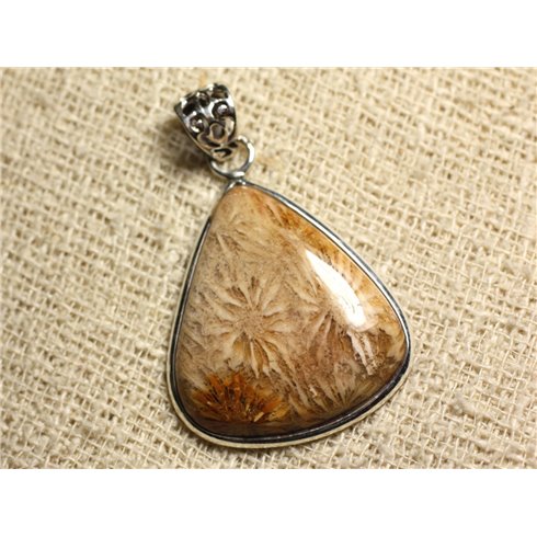 N4 - Pendentif Argent 925 et Pierre - Corail Fossile Goutte 36x32mm 