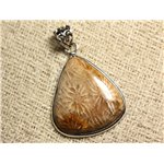 N4 - Pendentif Argent 925 et Pierre - Corail Fossile Goutte 36x32mm 