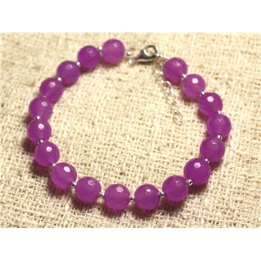 Bracelet Argent 925 et Pierre - Jade Rose Fuchsia Violette Facettée 8mm 