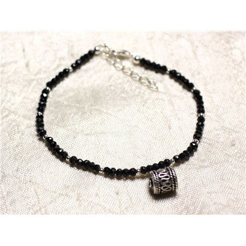 Bracelet Argent 925 et Pierre - Spinelle noir rondelles facettées 3x2mm