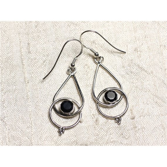 BO205 - Boucles d'Oreilles Argent 925 et Pierre Onyx noir Gouttes 36mm 