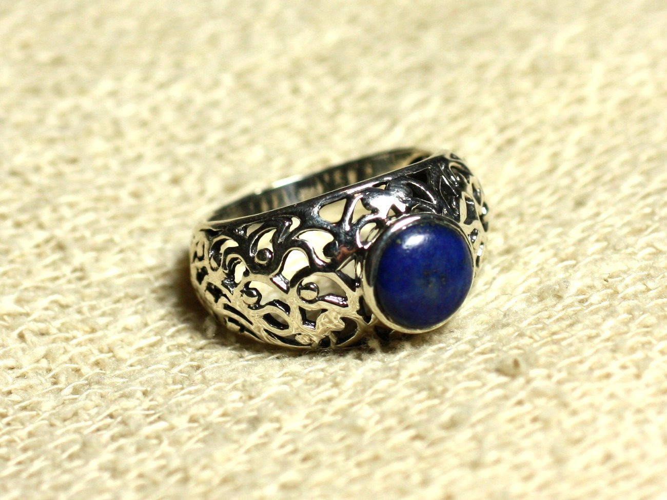 N112 - Bague Argent 925 et Pierre Filigrane Arabesques - Lapis Lazuli Rond 8mm 