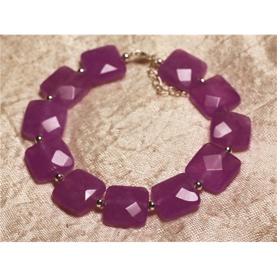 Bracelet Argent 925 et Pierre - Jade Violet Rose Carrés Facettés 14mm