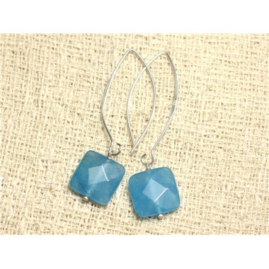 Boucles d'Oreilles Argent 925 et Pierre - Jade Bleue Carrés Facettés 14mm 