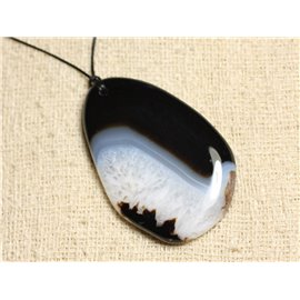Stone Pendant Necklace - Black and White Agate and Quartz Drop 63mm N4 