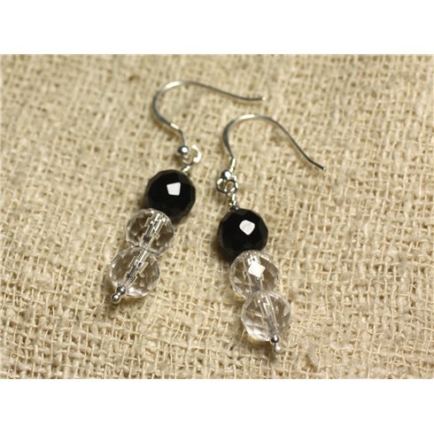 Boucles d'Oreilles Argent 925 - Onyx Noir et Cristal Quartz rondes Facettées 8mm