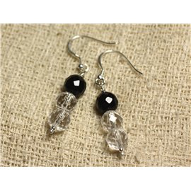 Boucles d'Oreilles Argent 925 - Onyx Noir et Cristal Quartz rondes Facettées 8mm 