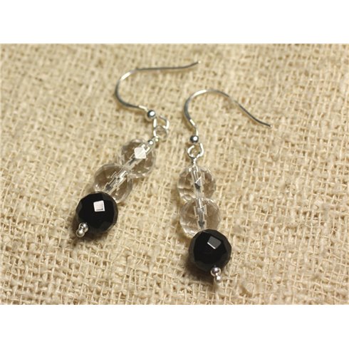 Boucles d'Oreilles Argent 925 - Onyx Noir et Cristal Quartz rondes Facettées 8mm 