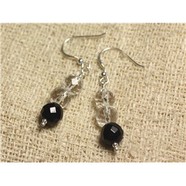 Boucles d'Oreilles Argent 925 - Onyx Noir et Cristal Quartz rondes Facettées 8mm 