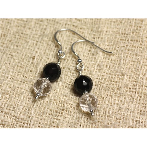 Boucles d'Oreilles Argent 925 - Onyx Noir et Cristal Quartz rondes Facettées 8mm 