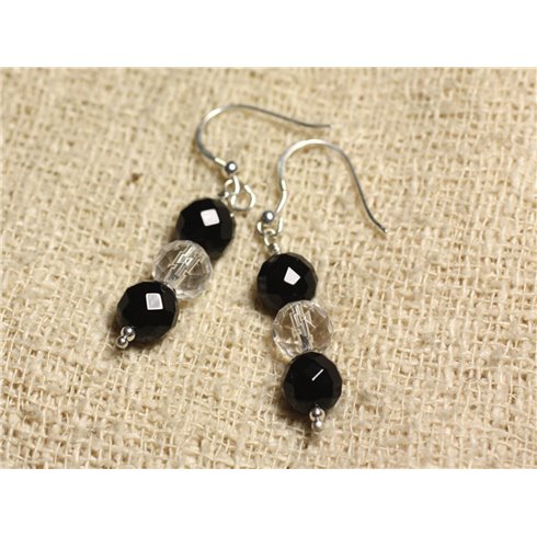 Boucles d'Oreilles Argent 925 - Onyx Noir et Cristal Quartz rondes Facettées 8mm