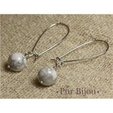 Boucles d'Oreilles Pierre Semi précieuse - Howlite 10mm